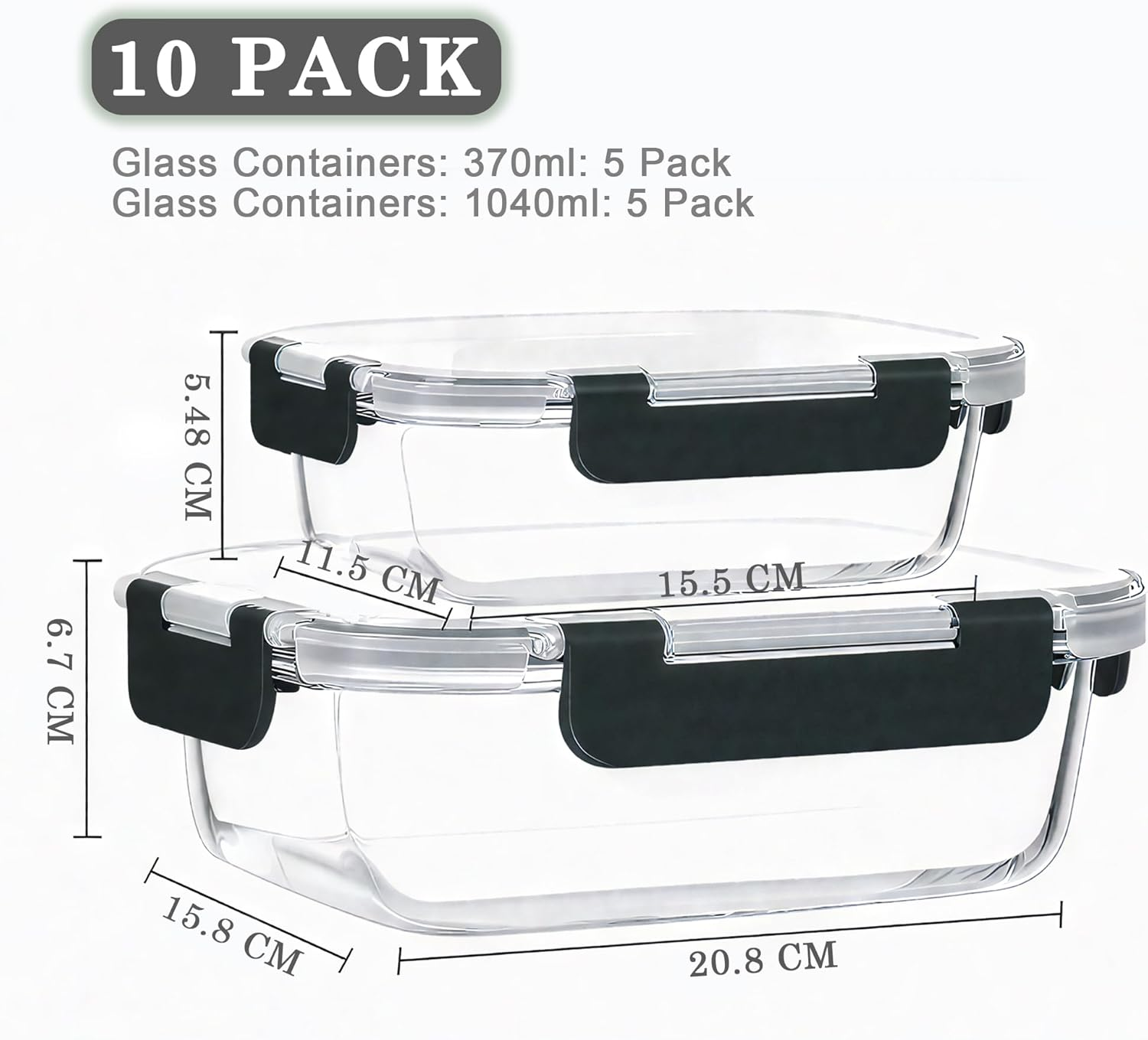 LIKHOPER Glass Food Storage Containers Set of 10 &ndash; 5 Small (370Ml) + 5 Large (1040Ml) Square Meal Prep Boxes with Lids, Leakproof Design for Lunch, Fridge, and Kitchen Storage image number 4