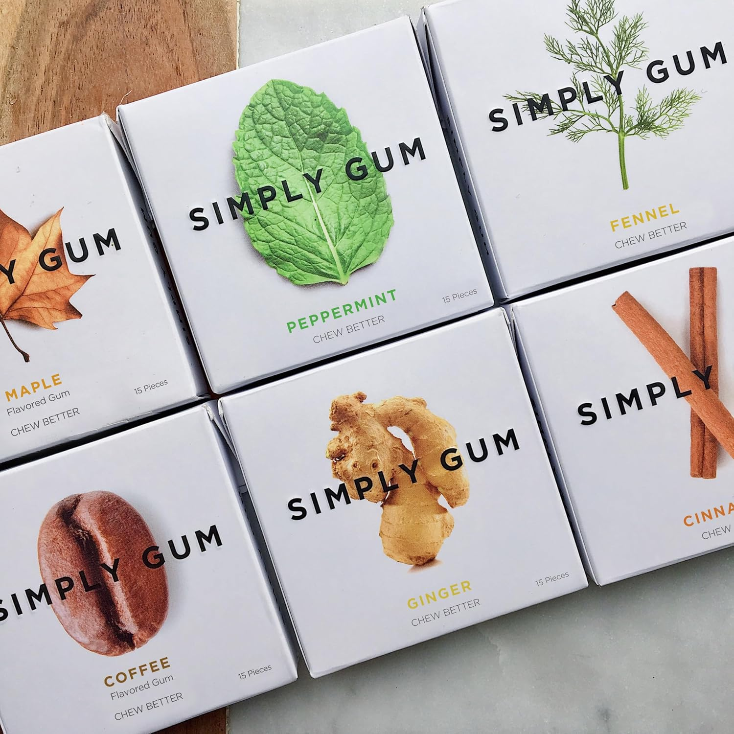 Simply Gum | Natural Chewing Gum | Variety Pack - Peppermint, Cinnamon, Ginger, Fennel, Maple, Coffee | Plant-Based + Plastic-Free + Aspartame-Free | Pack of Six (90 Pieces Total) (Variety (Original)) image number 5