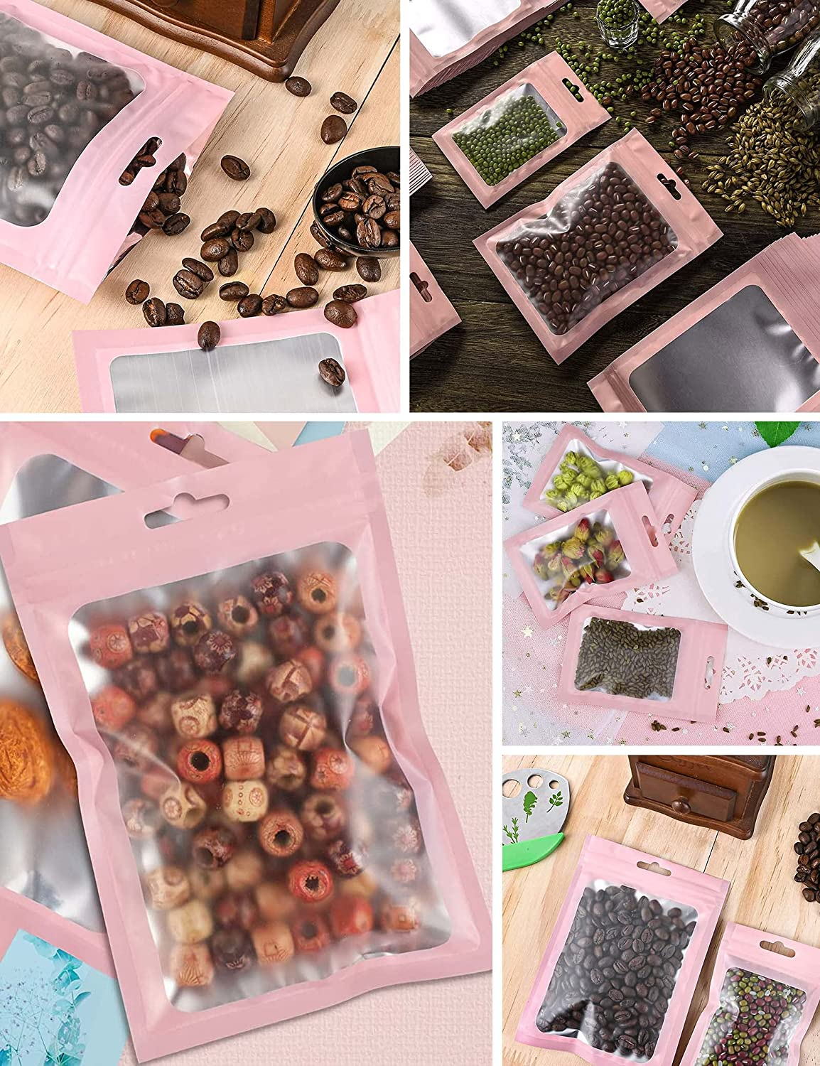 100 PCS Candy Food Bags, Resealable Bags for Small Business with Zip Lock,Reusable Smell Proof Mylar Bags with Clear Window,Holographic Pouch Bags for Food Storage Snacks Beans Coffee Jewelry (14*20) image number 2