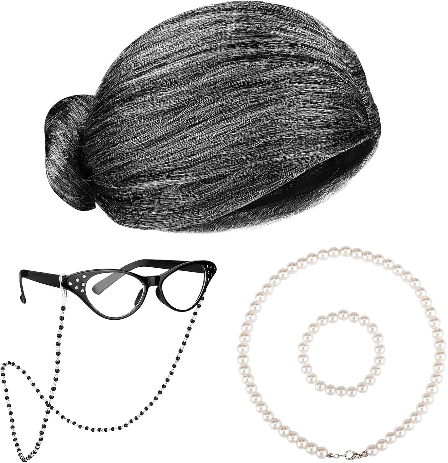 ADXCO 5 Pieces 100 Days of School Dark Gray Old Lady Wig Costume Cosplay Set Grandma Wig Granny Glasses Artificial Pearl Necklace Halloween Dress up Party image number 2