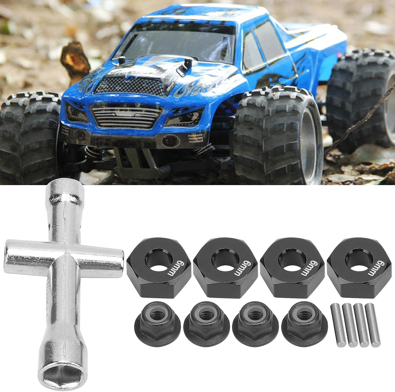 Wheel Hex Hub Adapter Set, Lock Nuts Cross Wrench Set 12Mm Wheel Hub Adapter 1/10 RC Car Upgrade Parts 6Mm for 1/10 RC Car(Black) image number 3