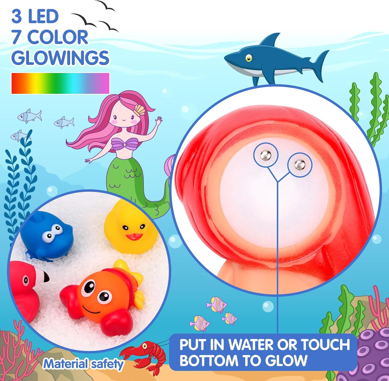 REMOKING 8Pcs Light up Bath Toys for Toddlers,Baby Flashing Colourful LED Bathtub Unicorn Mermaid Toy,Bathtime Floating Shower Set for Infant Kid Boys Girls,Pool Party Birthday Gifts for 6 Months+ image number 3