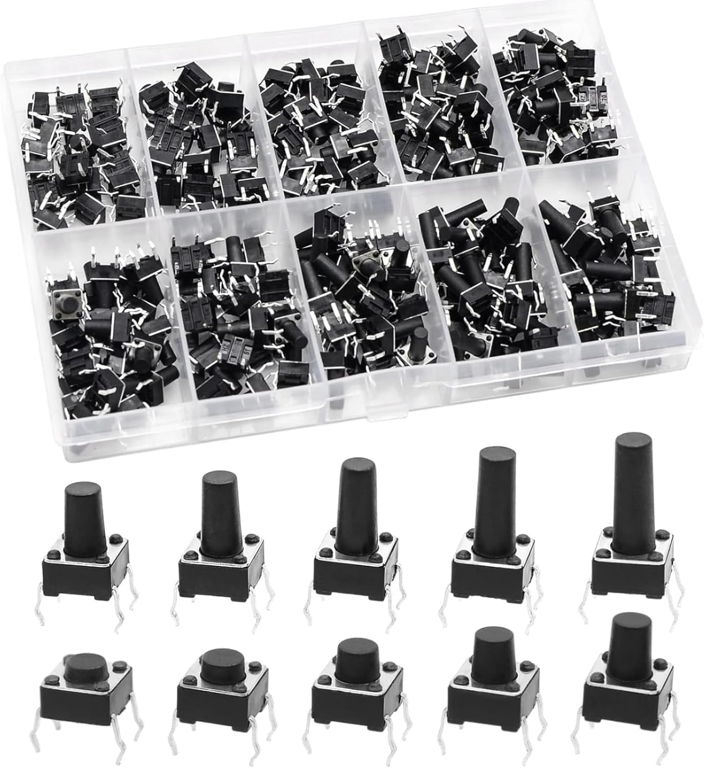 200 Pcs 10 Types Micro Momentary Tact Tactile Push Button Switch Assortment Kit 6 X 6 X 4.3/5/6/7/8/9/10/11/12/13Mm, Industrial Accessory Hardware Parts (Black) image number 3