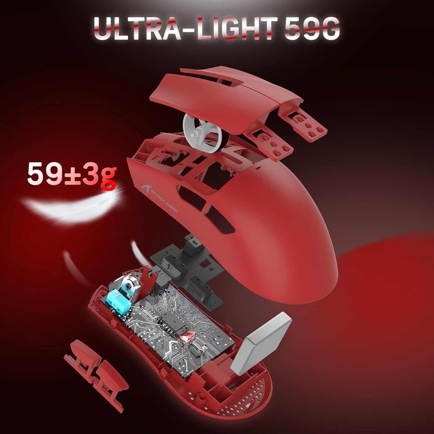 Lexonelec X ATTACK SHARK X11 Wireless Gaming Mouse with RGB Magnetic Charging Dock, Pixart PAW3311 Sensor, Lightweight 59G Tri-Mode Gaming Mouse, Wired/2.4G/Bt, up to 22K DPI for Pc/Mac-Red - Red image number 3