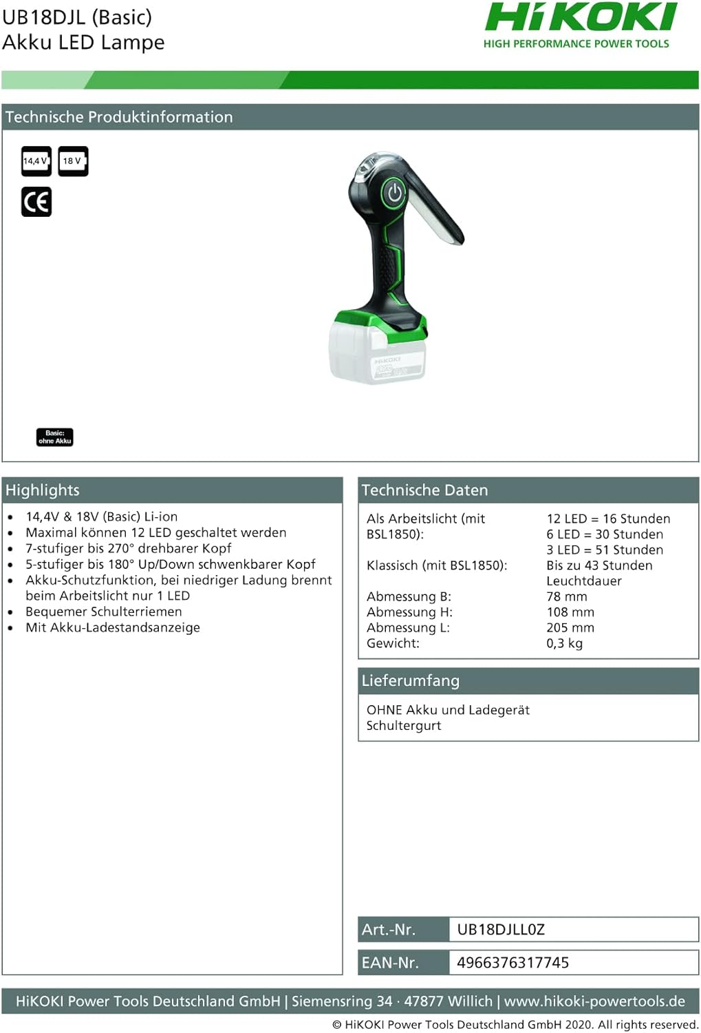 Hikoki UB18DJL(L0Z)14.4V and 18V LED Torchlight/Worklight, Green Black White image number 1