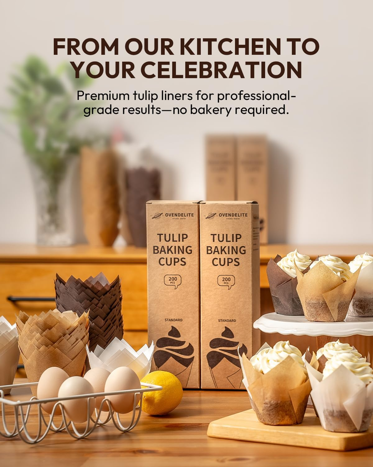 Ovendelite Tulip Cupcake Liners Natural 200PCS - Unbleached Parchment Muffin Liners, Non-Fade Oven-Safe, Brunch & Cafe Style Baking Cups - Natural image number 5