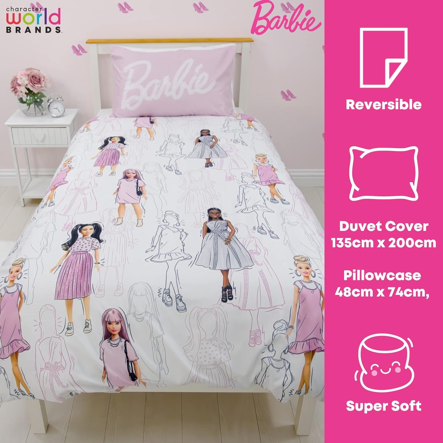 Character World Barbie Official Single Childs Duvet Cover Set | Figures Design Reversible 2 Sided Bedding Including Matching Pillow Case Brands Polyester Single Quilt Cover, Pink (BARFGSDS002UK1) image number 2