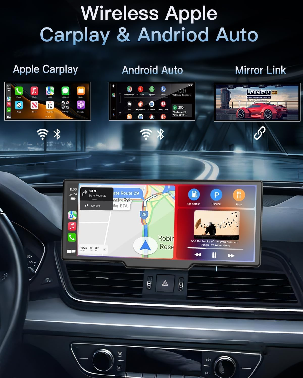 10.26 Inch Portable Wireless Touch Screen Apple Carplay, Android Auto, Mirror Link with 4K Dash Cam, 1080P Camera, GPS Navigation, Bluetooth, Siri/Google Navigation Car Screen for All Vehicles