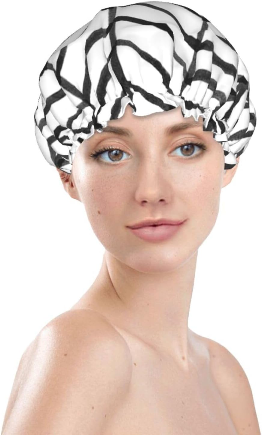 Wurton Black and White Stripes Print Reusable Enviro-Care Shower Cap Soft for Women Double Waterproof Layers Showe Cap image number 5