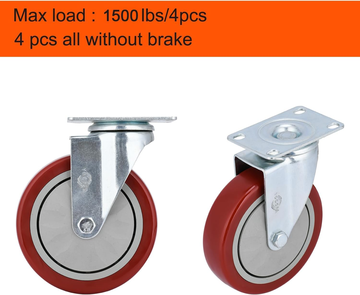 YOOGAA 5" Heavy Duty Caster Swivel Caster Wheels No Noise 360 Degree Rotation Plate Caster with Screw Total Capacity 1500Lbs Set of 4 without Brake