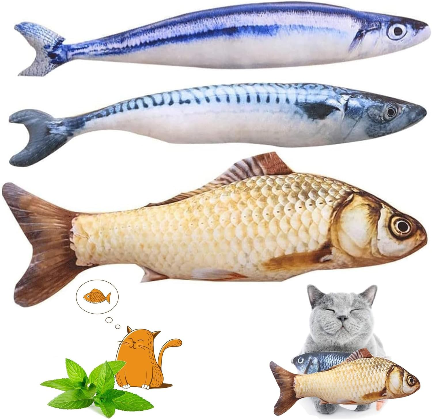 Mumoo Bear Catnip Toys 3 Pack - Simulation Fish Shape Realistic Fluffy Catnip Doll Interactive Pets Pillow Chew Bite Supplies for Cat Kitten Kitty image number 1