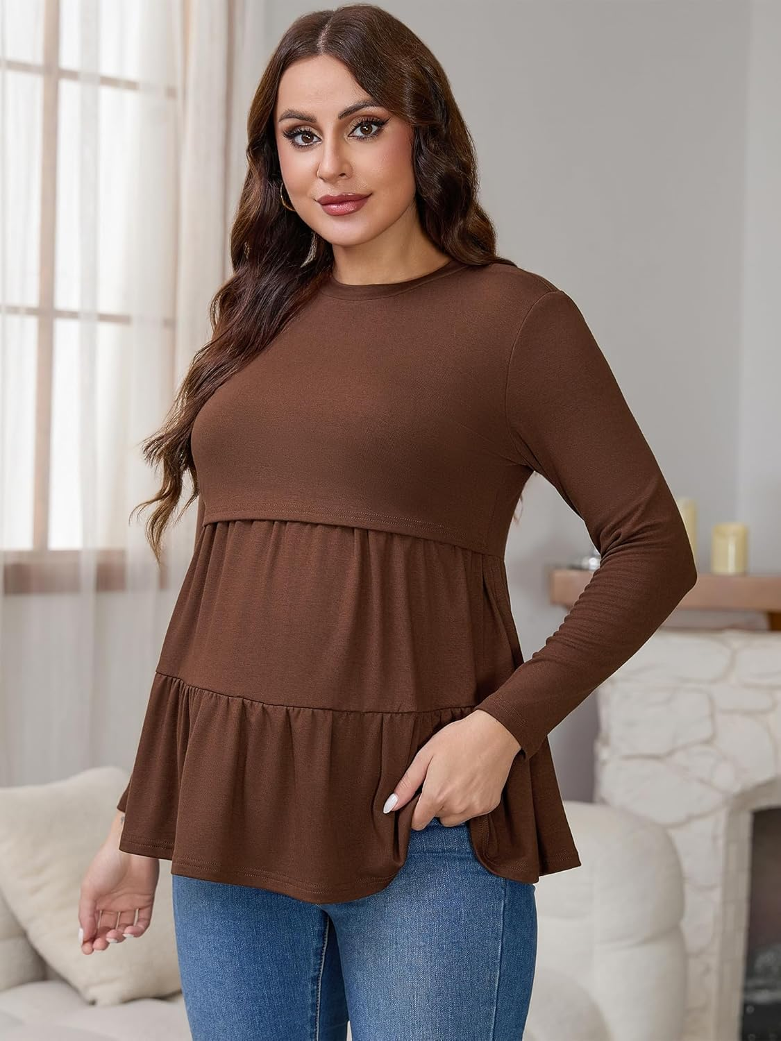 Cheibear Womens Nursing Top Ruffle Pleated Long Sleeve Tunic Rayon Postpartum Breastfeeding Shirt Pregnancy Clothes Brown Large image number 5