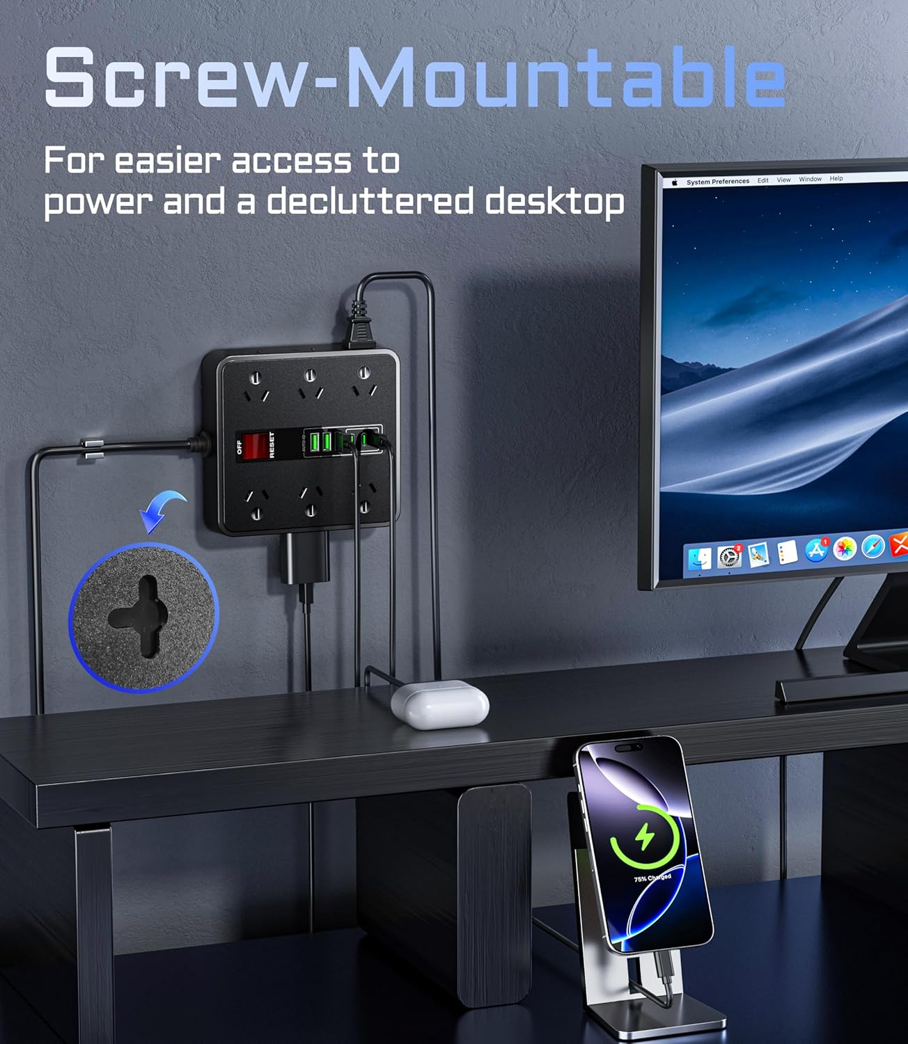 Powerboard USB Surge Protector - 18IN1 Power Board with 3 USB C & 3USB, 12 Outlet Power Strip with 1.9M Extension Cord, Wall Mountable 2500W Surge Protection and Overload Switch for Home & Office