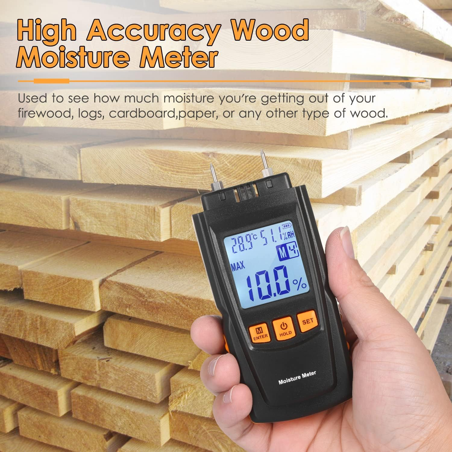 Yasao 3-In-1 Digital Wood Moisture Meter Firewood Water Content Analyzer Ambient Temperature+Humidity+Wood Moisture Tester with Backlight for Woodworking Lumber Timber