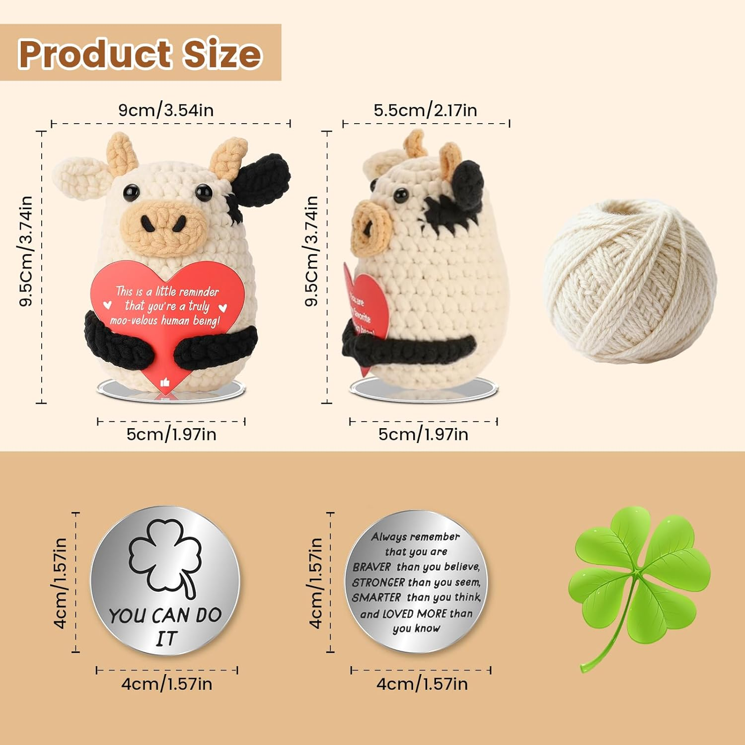 SZMDLX Positive Crochet Animals, Pocket Hug Positive Cow with Inspirational Cards in Gift Box, Emotional Support Good Luck Gifts for Women, Lucky Charm for Birthdays, Office & Home Desk Decor image number 2