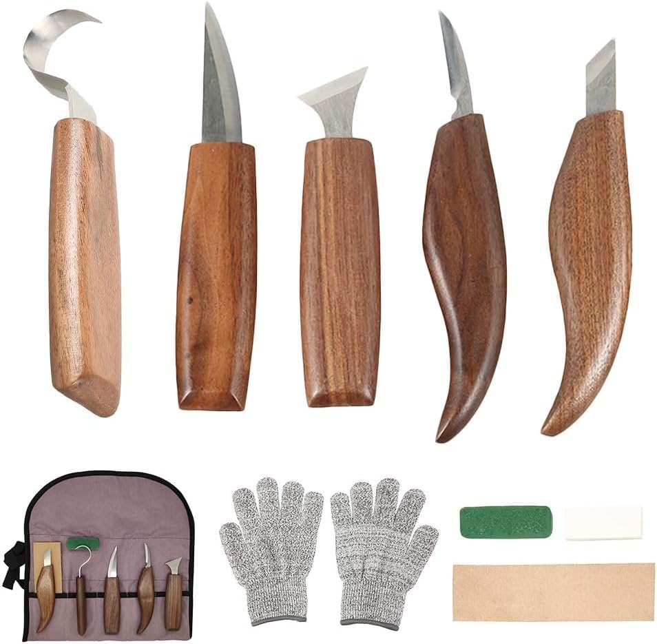 Fxvhojq 10Pc Wood Carving Knife Set Beginner Kit Convenient Tools Set Cut Resistant Gloves Spoon Carving Hook Knife, Wood Carving Whittling Knife, Chip Carving Detail Knife Sandpaper for Woodworking image number 2