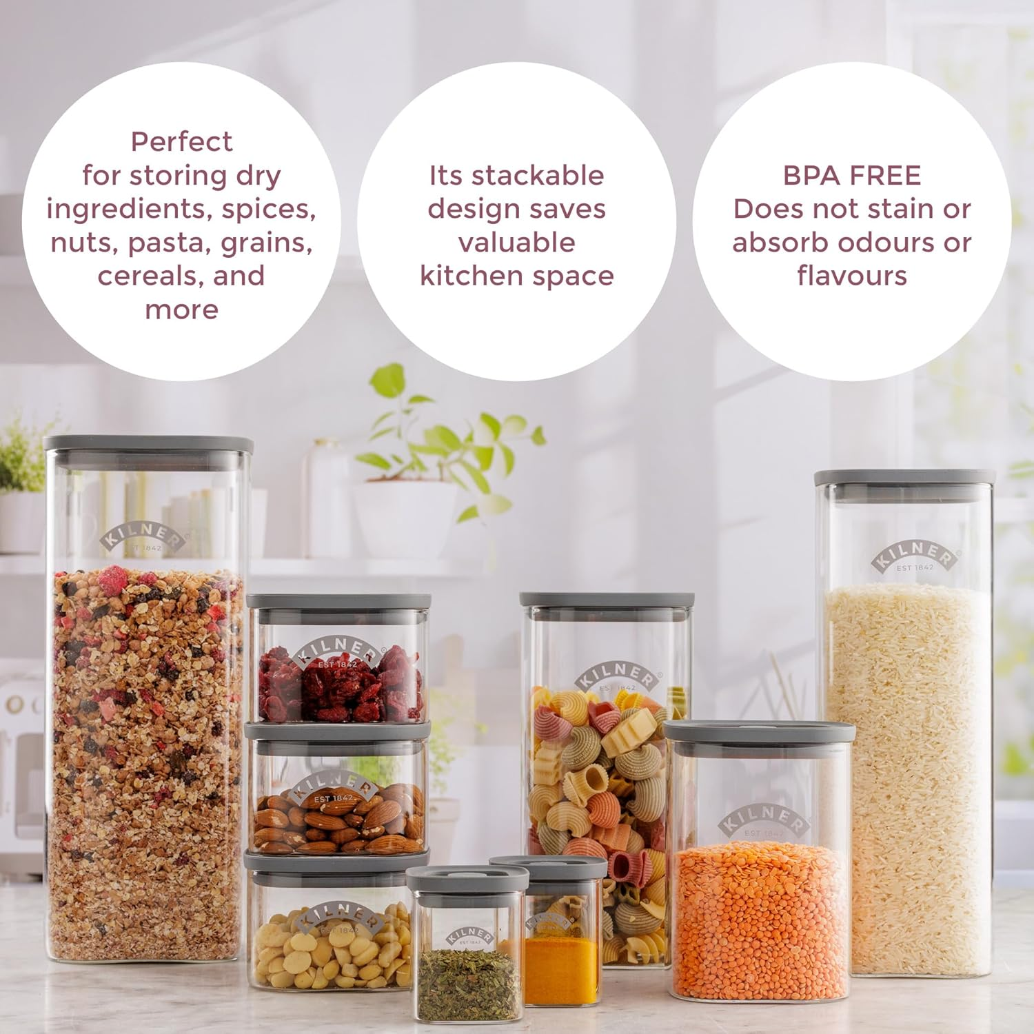 Kilner Fresh Storage Jar 1 Litre Glass Food Container with Vacuum Seal Lid | Bpa-Free Glass | Airtight, Stackable, Easy-Pour Design | Ideal for Tea, Coffee, Sugar & More image number 5