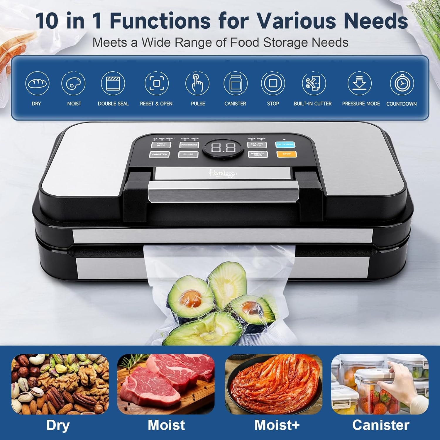 Food Vacuum Sealer Automatic Sealing Machine for Food Preservation with 95Kpa Powerful Suction, Easy-Lock Handle, 10-In-1 Dry Moist Sealing Modes, Built-In Bag Rolls image number 4