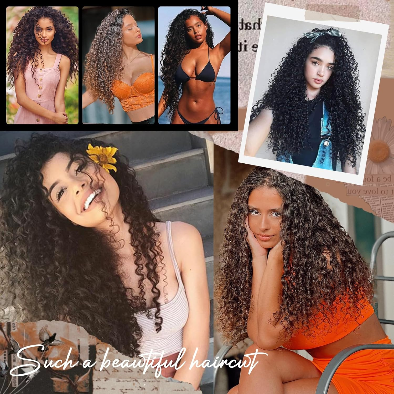 FLUFYMOOZ 9PCS Clip in Hair Extensions 22 Inch Curly Hair Extension Long Soft Synthetic Hairpieces for Women (Black Brown)