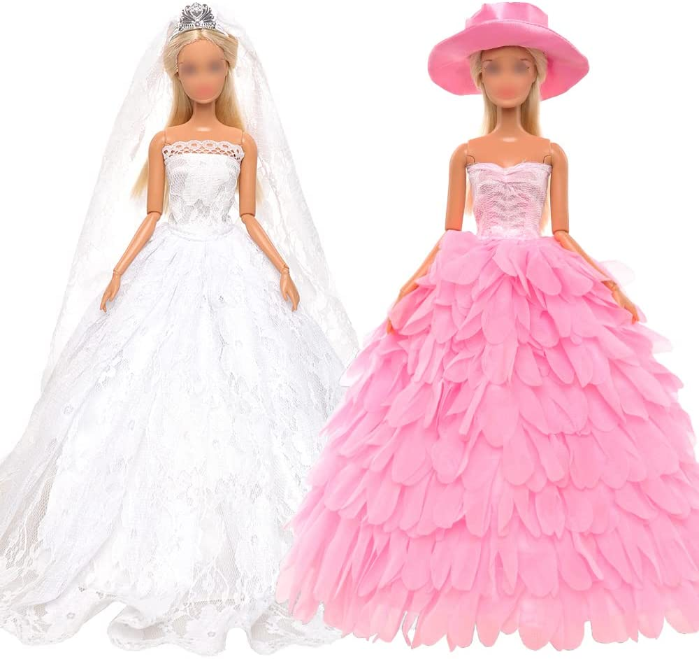 Barwa White Wedding Dress with Veil and Pink Princess Evening Party Clothes Wears Gown Dress Outfit with Hat for 11.5 Inch Girl Doll image number 6
