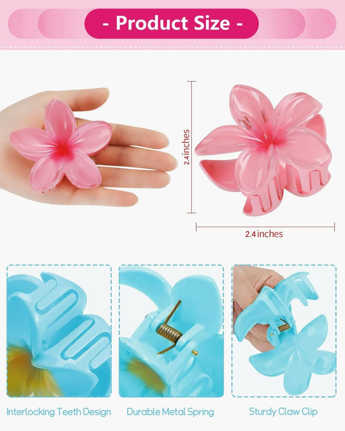 FUGLUS Pack of 8 Flower Hair Clips, Colourful Flower Hair Pins for Women, Hawaiian Hair Clip, Hair Accessories, Non-Slip Plastic Hair Clips, Gifts for Girls and Women image number 5