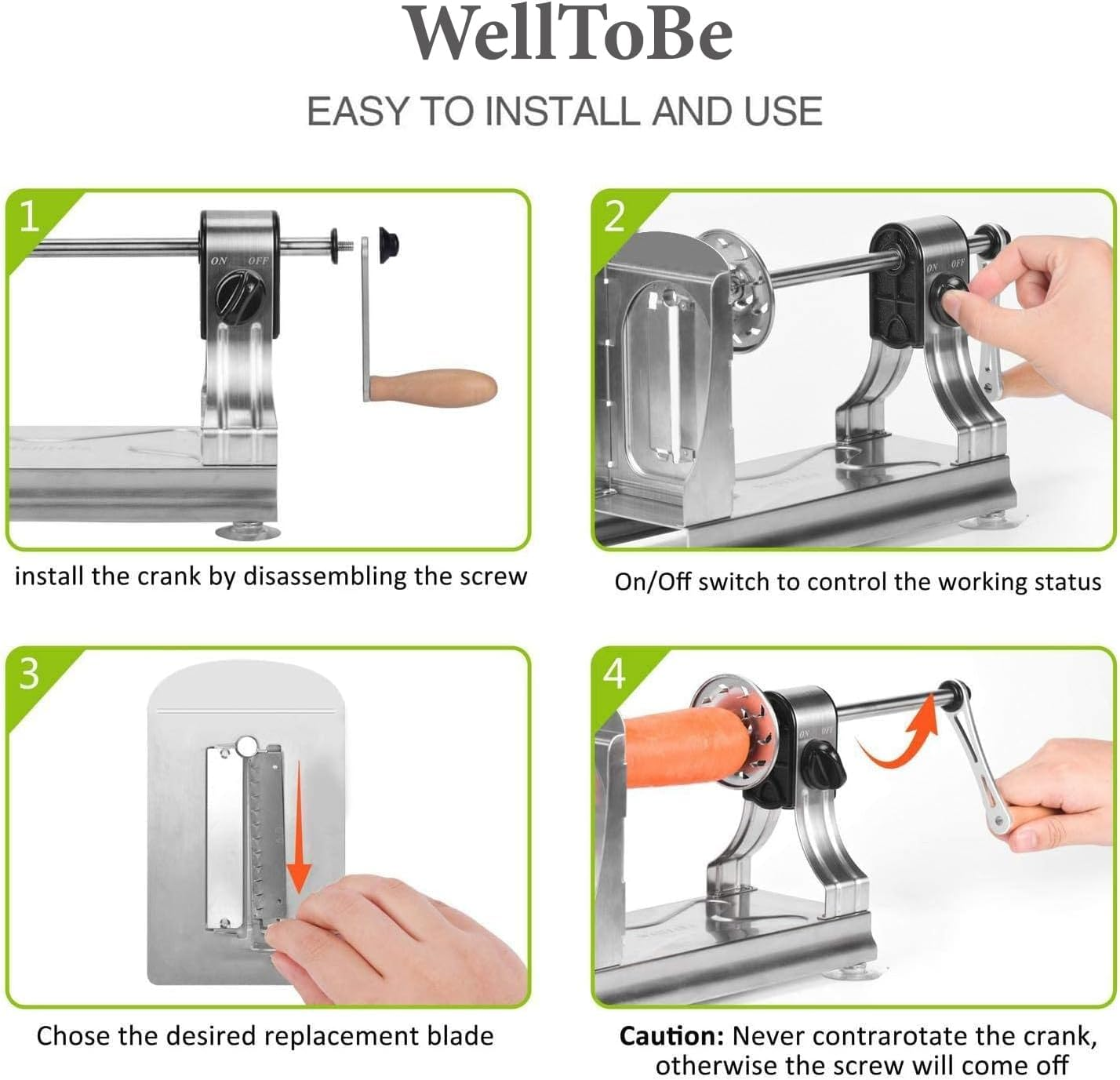 Welltobe 6-Blade Vegetable Spiralizer Spiral Slicer Veggie Pasta Spaghetti Maker for Healthy Low Carb/Paleo/Gluten - 304 Food Stainless Steel Body image number 4