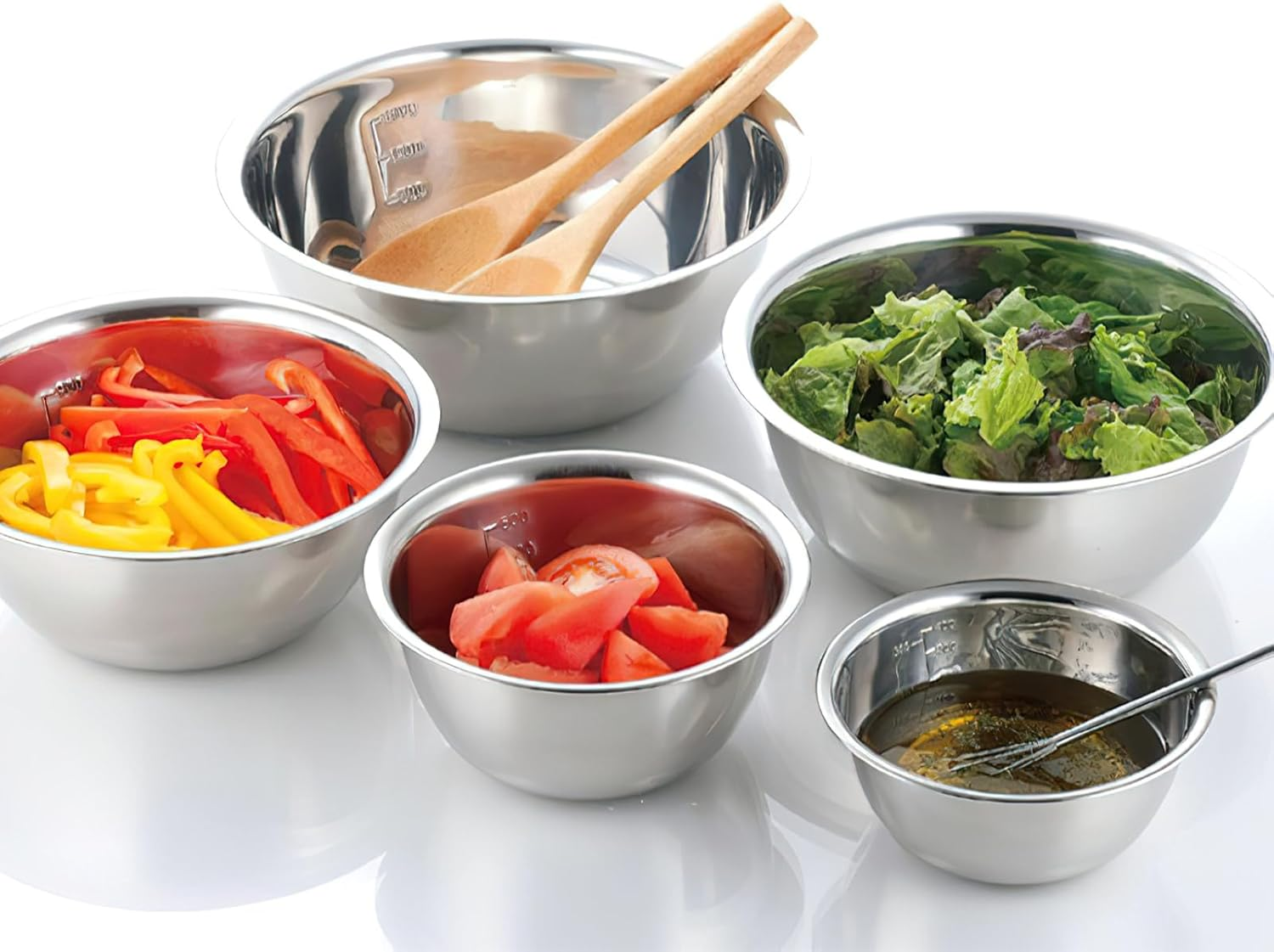 5PCS Stainless Steel Mixing Bowl, Multi-Functional Thick Large Bowls with Measurement Marks Ideal for Baking Salad Preparation Washing Vegetables