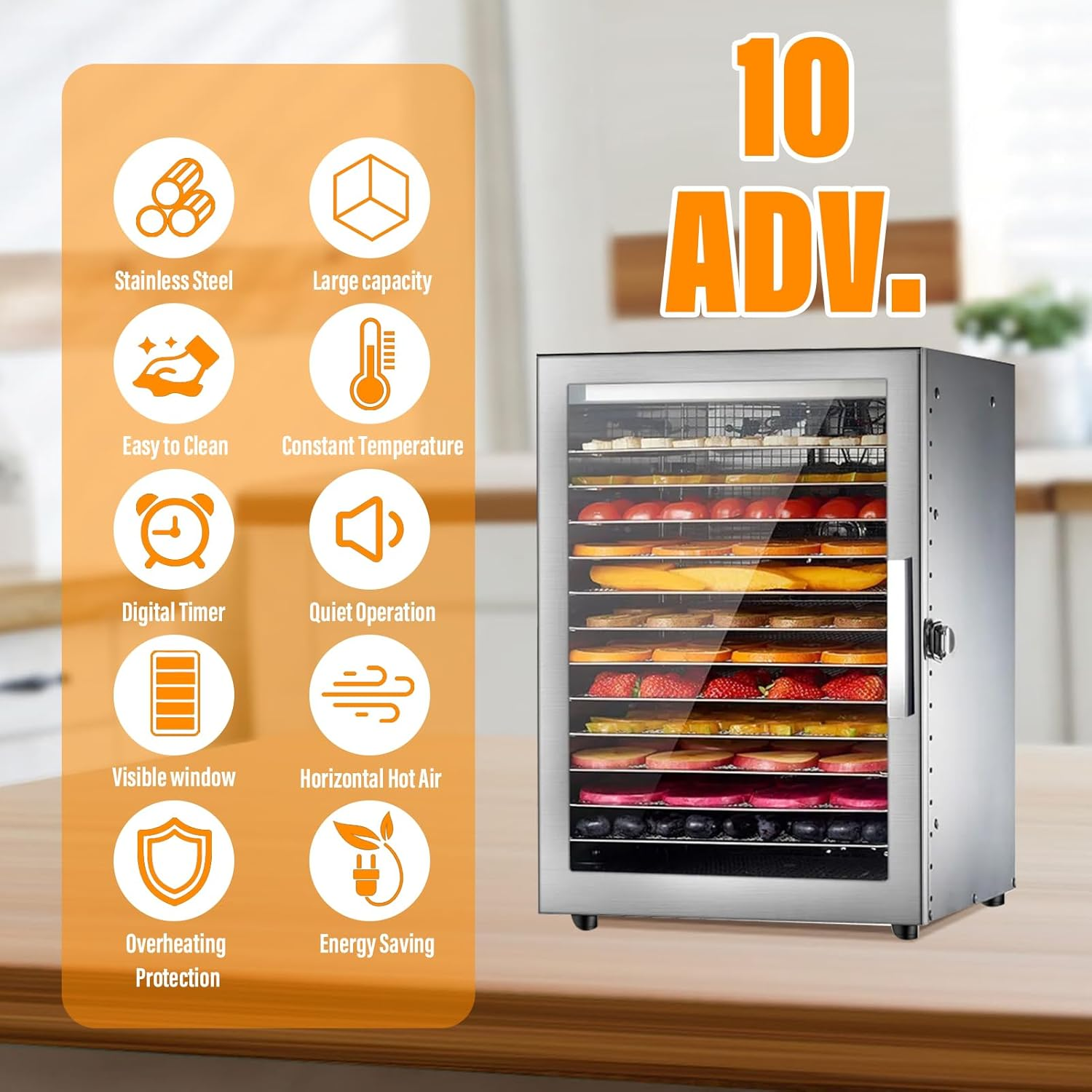 Xoxomeg Commercial Food Dehydrator,12 Trays Stainless Steel Dry Fruit Machine,20-90&deg; Temperature Control,24 Hours Timer,Dual Fan Design,For Herb, Meat, Fruit and Vegetables image number 3