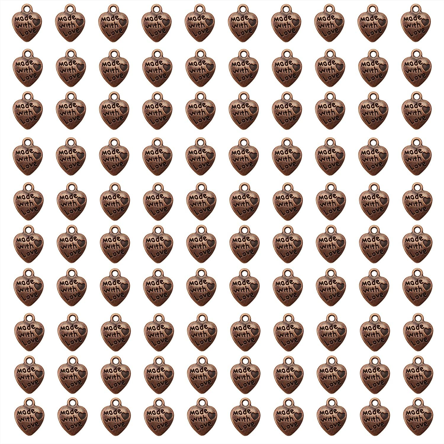 Shapenty 100PCS Mini Metal Beads Heart Shaped &ldquo;Made with Love&rdquo; Charms Bulk for DIY Craft Keychain Necklace Pendants Bracelets Earrings Jewelry Making Findings, 12 X 10Mm, Metal, Metal