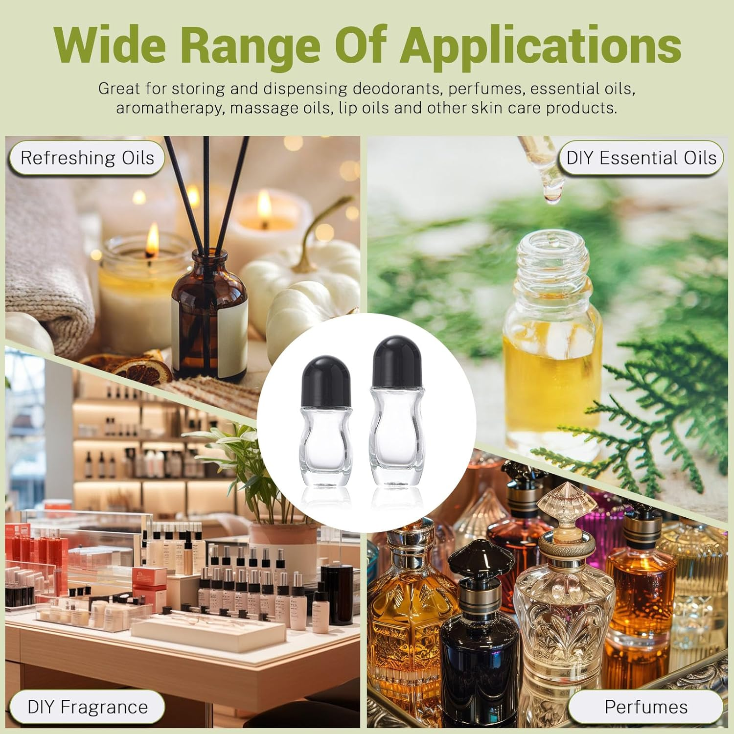 Huakaile 4 Pieces 50 ML Empty Glass Roller Bottles, Leak-Proof Refillable Roller Ball Applicator Containers with Black Lid, Roll on Bottles with Plastic Roll Ball for Massage Oils image number 5