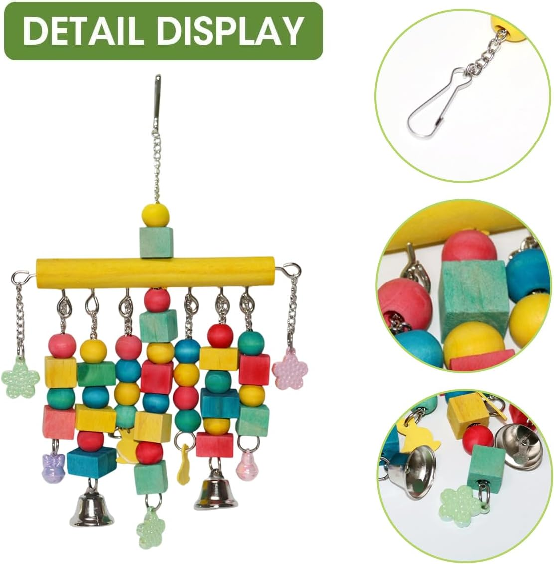 AIMALL Nordic Woven Pendant Bird Cage Toy with Chewable Wood Blocks, 7.87X12.59In, Colourful Parrot Chew Toys for Cockatoos, African Greys & Macaws image number 4