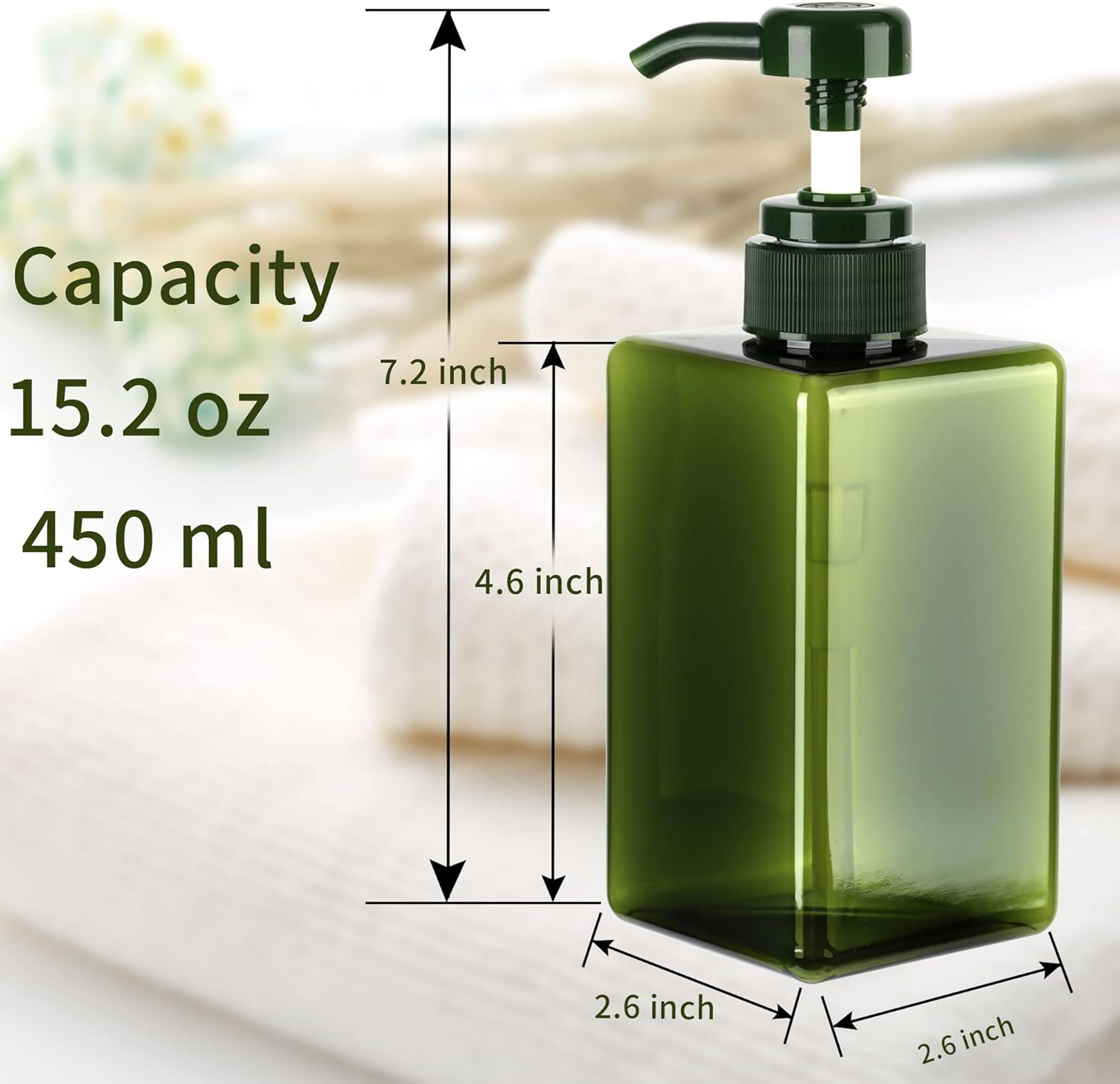 450Ml (15.2Oz) Pump Bottle Dispenser Jansburg 2Pack Refillable Square Plastic Lotion Dispenser Empty Lotion Pump Bottle for Essential Oil Soap Lotion Shampoo, Bathroom/Kitchen/Travel Green