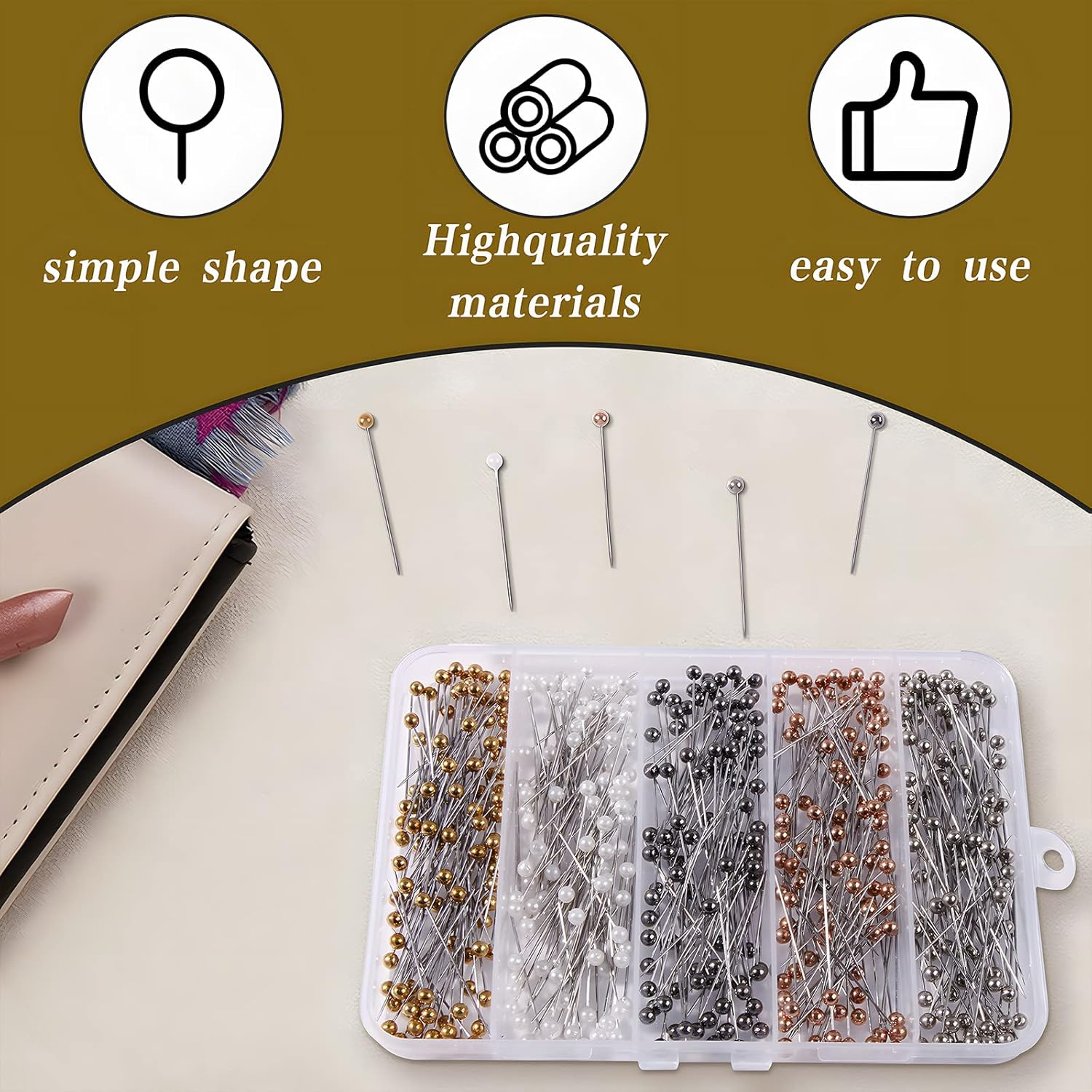 VAPKER Sewing Pins 500 Pcs Pearlized Head Quilting Pins 38Mm Straight Long Pins for Dressmaker Flower DIY Decoration(5 Colors) image number 3