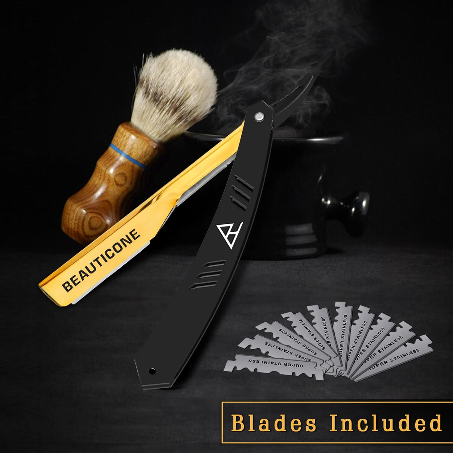 BEAUTICONE Professional Straight Razor for Men with 100 Single Edge Blades | Slide-Out Design (Black and Gold) - Barber Pole Slide-Out image number 5