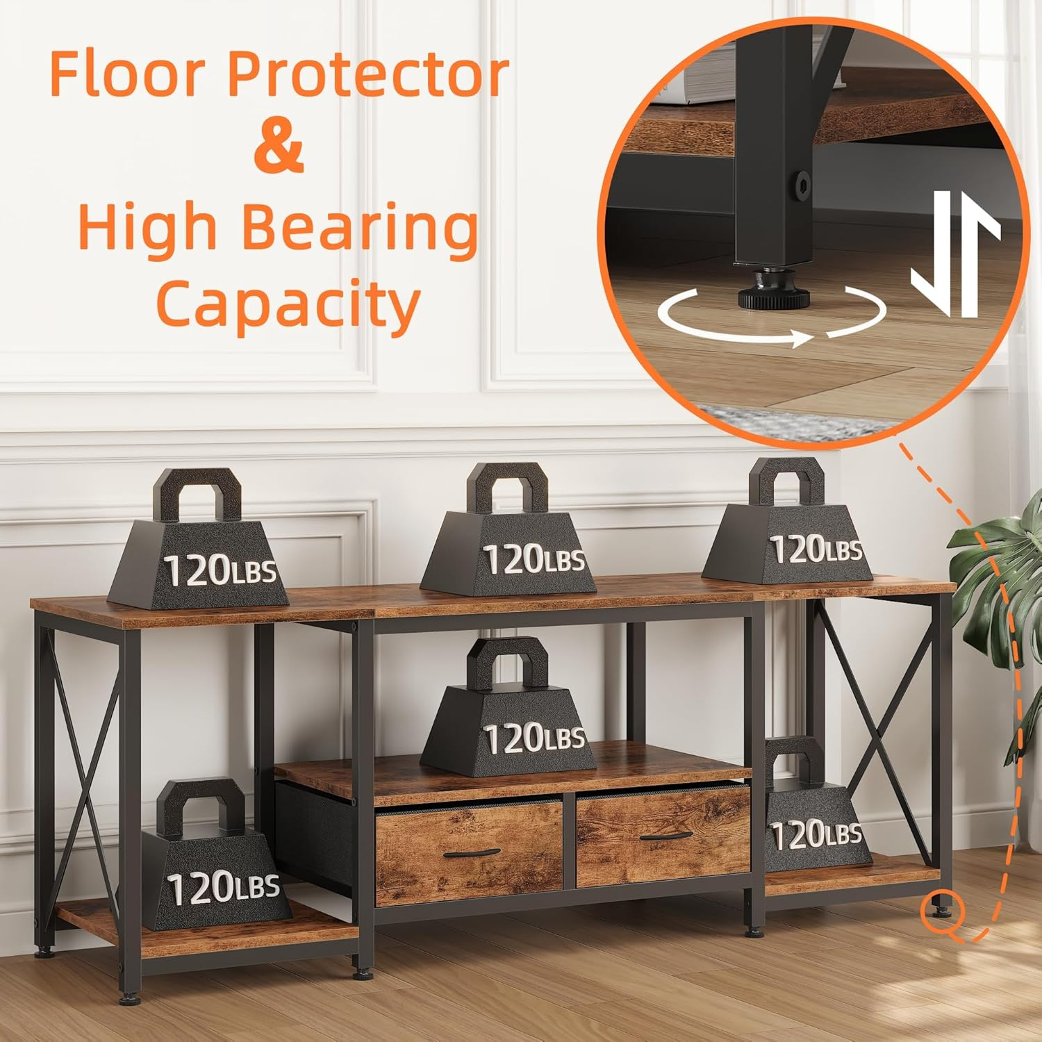 TV Stand with Drawer for 65 70 75 Inches TV - Entertainment Center and Industrial TV Console Table with Open Shelves for Living Room, Bedroom - 63" Rustic Brown image number 4