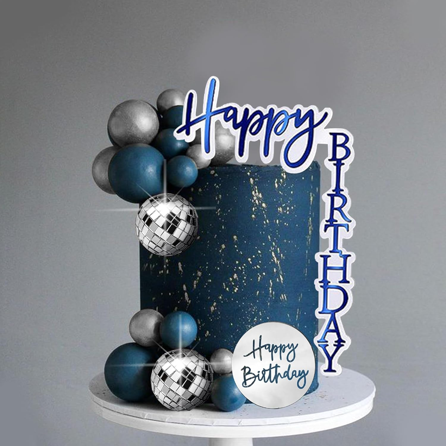 DRWATE Man Cake Topper Blue Silver Disco Ball Cake Topper Boho Cake Topper Decorations for Navy Blue Boho Wedding Man Boy Birthday Party Baby Shower Supplies (Blue 02) - Silver image number 3
