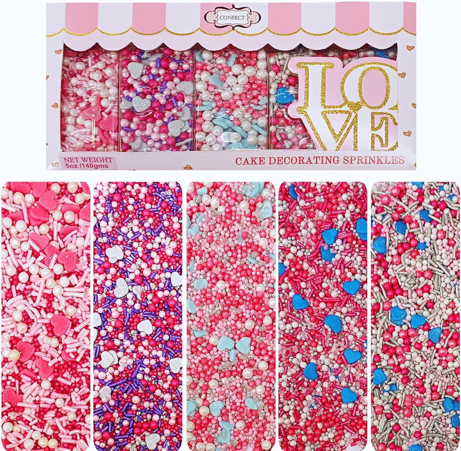 Confect Blue, Pink & White Pearl Sprinkles | Heart Sprinkles | Baby Shower Sprinkles | Sprinkles for Baking & Cake Decorative || Frozen Edible Sprinkles Mix Pack of 5 (3.5 Oz)