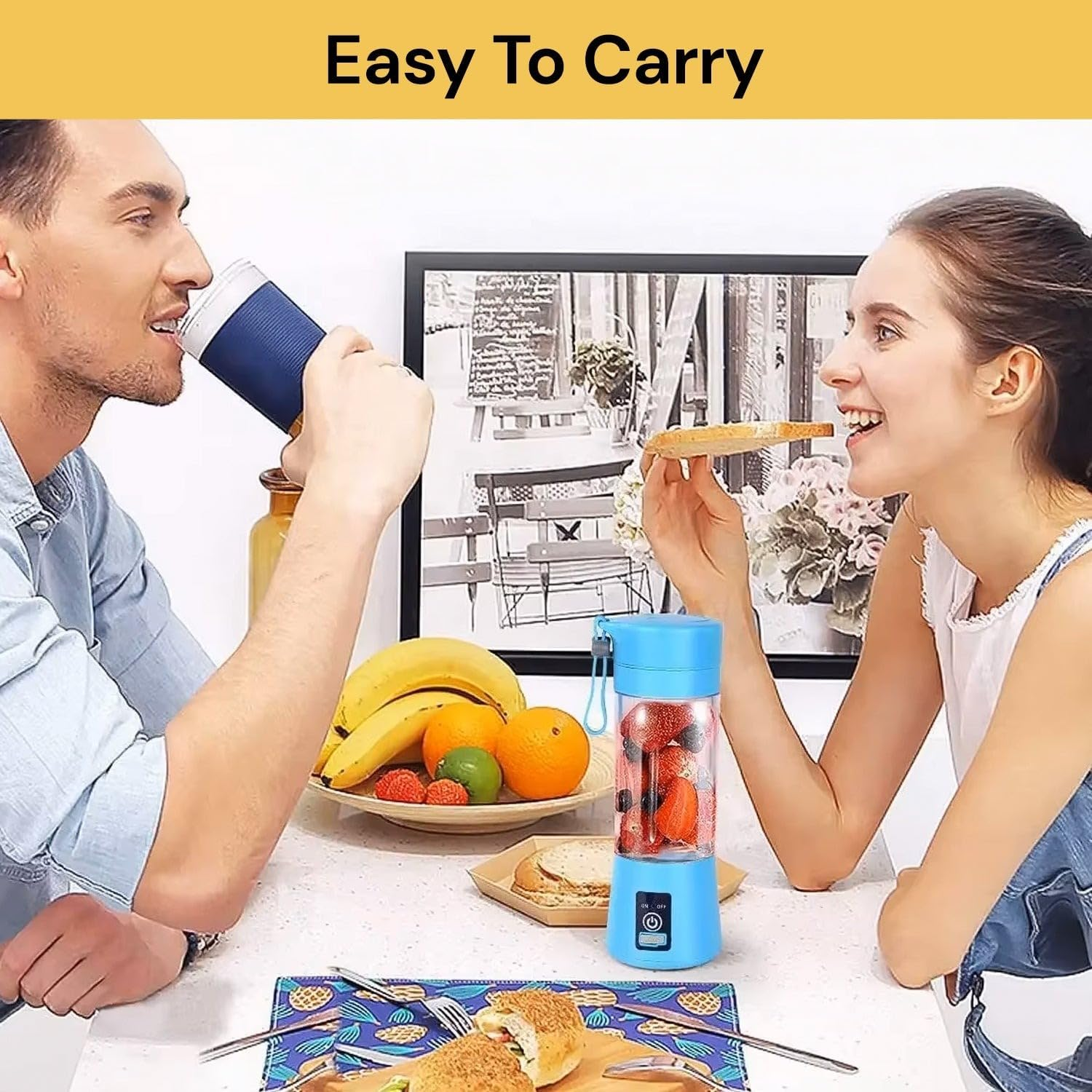 EZONEDEAL Electric USB Rechargeable Juicer Blender for Smoothies, 380Ml Juicer Cup Mini Portable Blender, Smoothie Blender for Shakes Fruit Vegetable Cutter Drink Bottle Kitchen Accessories (Blue) - Pink image number 2