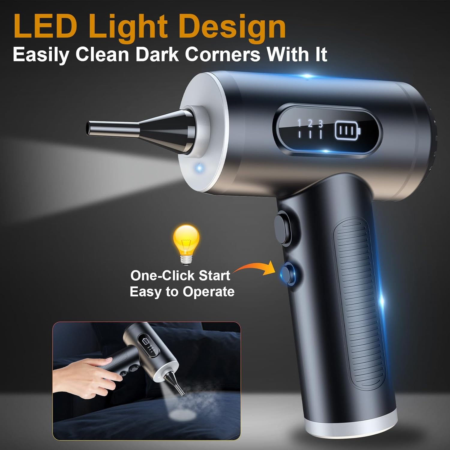 Lecoirrax Compressed Air Duster, 3 Gear Adjustable 130000RPM Electric Air Duster with LED Light, Rechargeable Cordless Air Blower for Keyboard Car Computer Office Cleaning, Replace Compressed Air Can image number 4