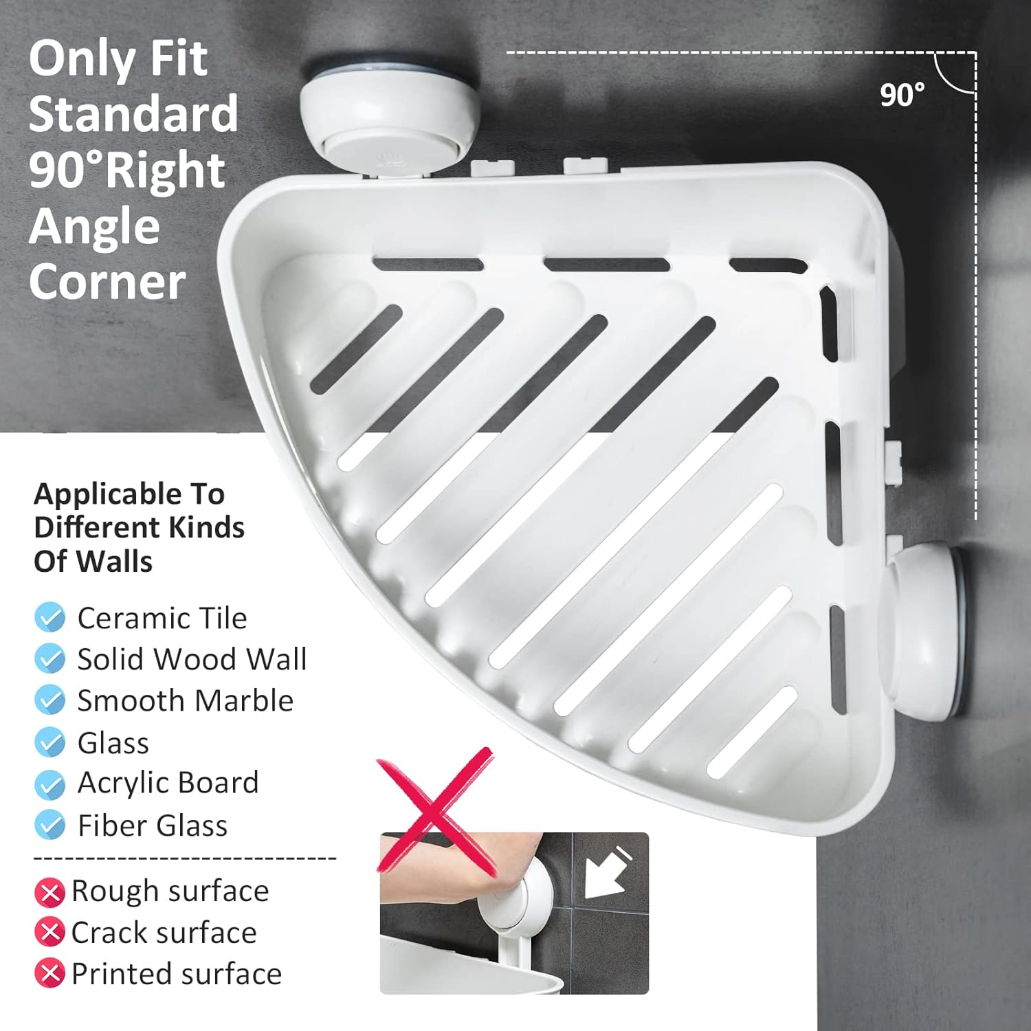 LEVERLOC Suction Cup Corner Shower Shelf - No Drilling, Removable Bath Shelf with Heavy Duty Hold, Waterproof & Oilproof White Shower Organizer Rack for Bathroom & Kitchen image number 5