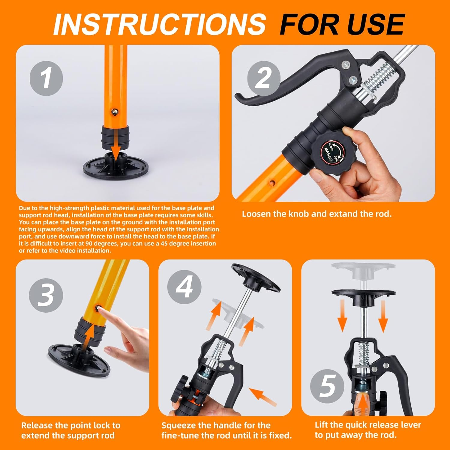 MANQO Cabinet Jack for Installing Cabinet Support Rod 3Rd Hand Support System Adjustable Support Pole,Extend from 115-290 Cm, Orange Point Design image number 4