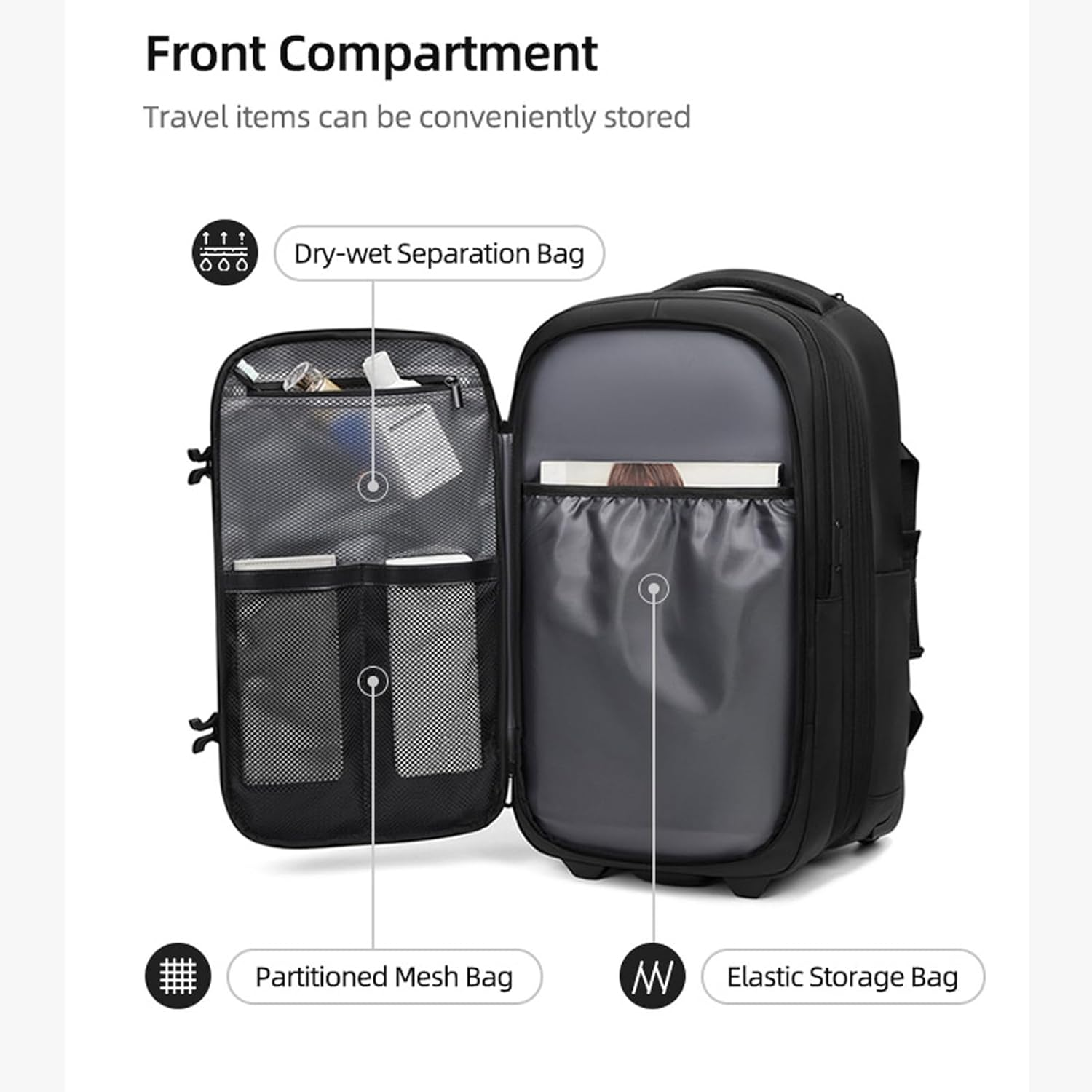 60L Large Travel Backpack with Wheels, Three-Layer Partition Design Vacuum Compression Backpack with 17 Inch Laptop Compartment & Air Pump for Men Women Adults image number 4