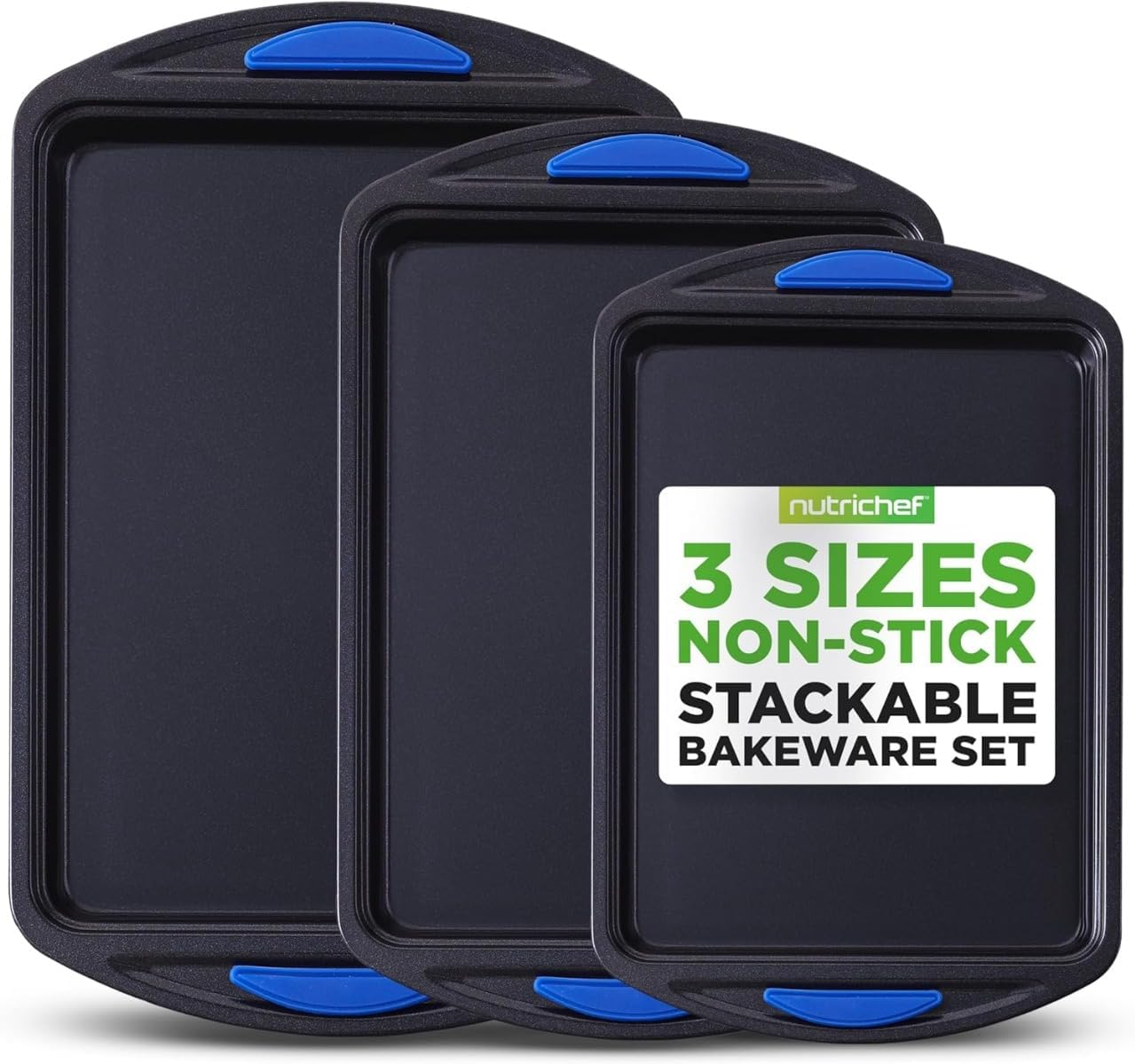 Nutrichef 3-Piece Baking Pan Set - Premium Nonstick Carbon Steel Bakeware W/Silicone Handles - Includes Large, Medium, & Small Pans for Baking & Roasting - PFOA, PFOS, PTFE Free - Gray