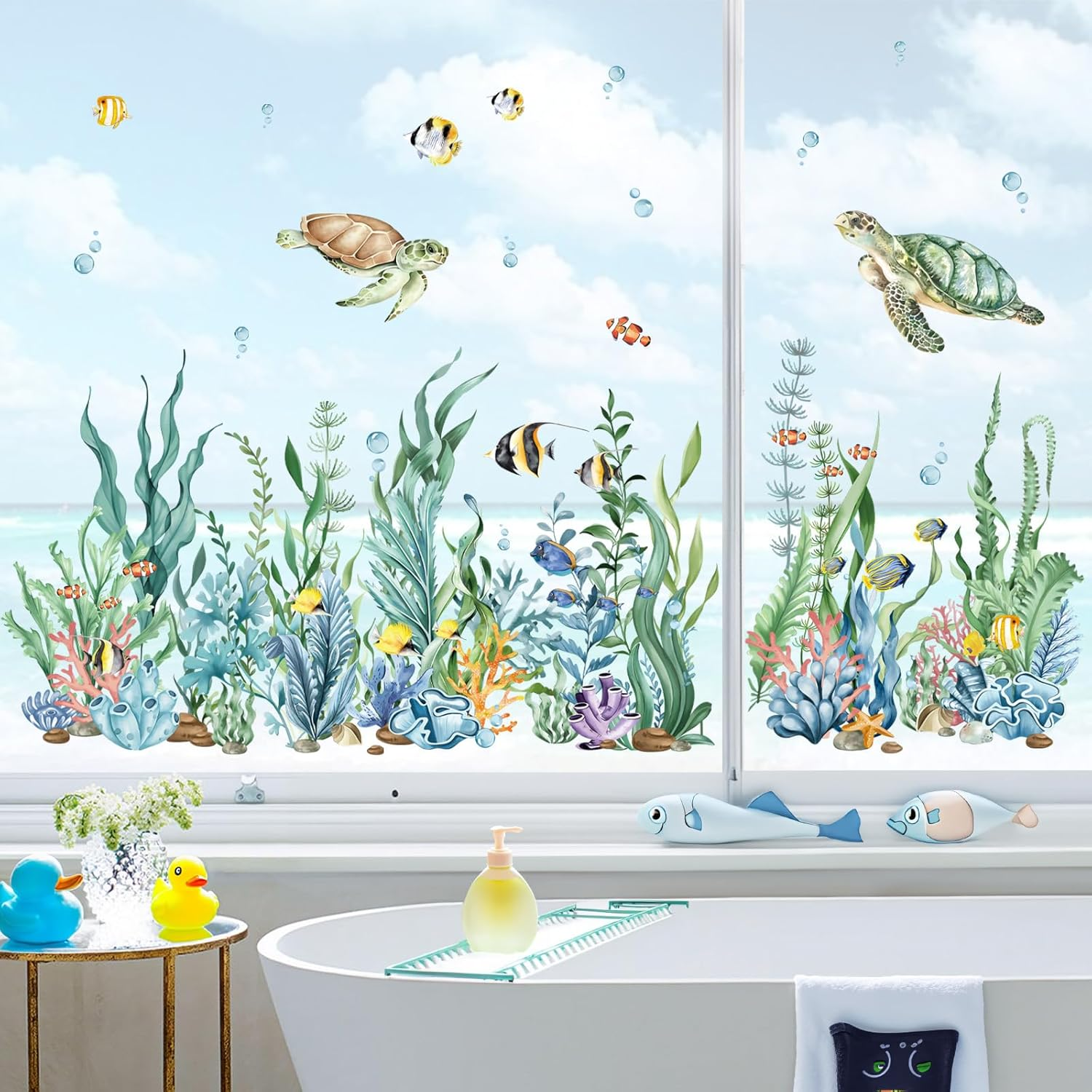 Decalmile Summer under the Sea Seaweed Double Sided Window Clings Ocean Grass Turtle Fish Window Decals Anti-Collision Glass Window Doors Window Stickers image number 4