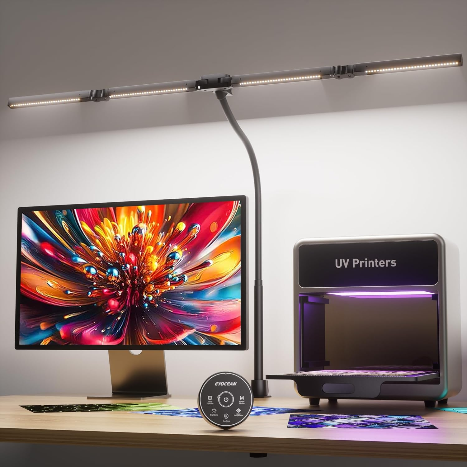 EYOCEAN Desk Lamp, Desk Lamp with 4 Light Sources, 24 W 100 Cm Daylight Lamp Desk with Remote Control, Dimmable Monitor Lamp, Gooseneck Office Table Lamp, Eye Protection PC Lamp image number 3