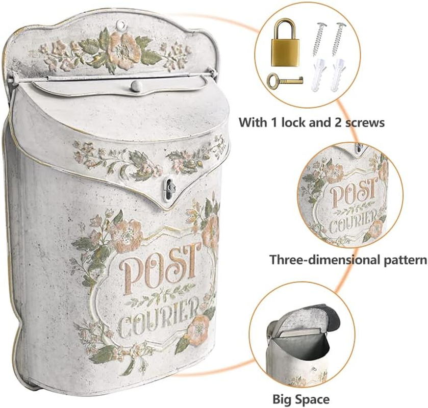 BIG FORTUNE Letterbox Mailbox Wall Mount Mailboxes for outside Vintage Mail Boxes/Wall Antique Style Nostalgic Charm Home Decor Metal Garden Flower Patter White - Blue image number 4