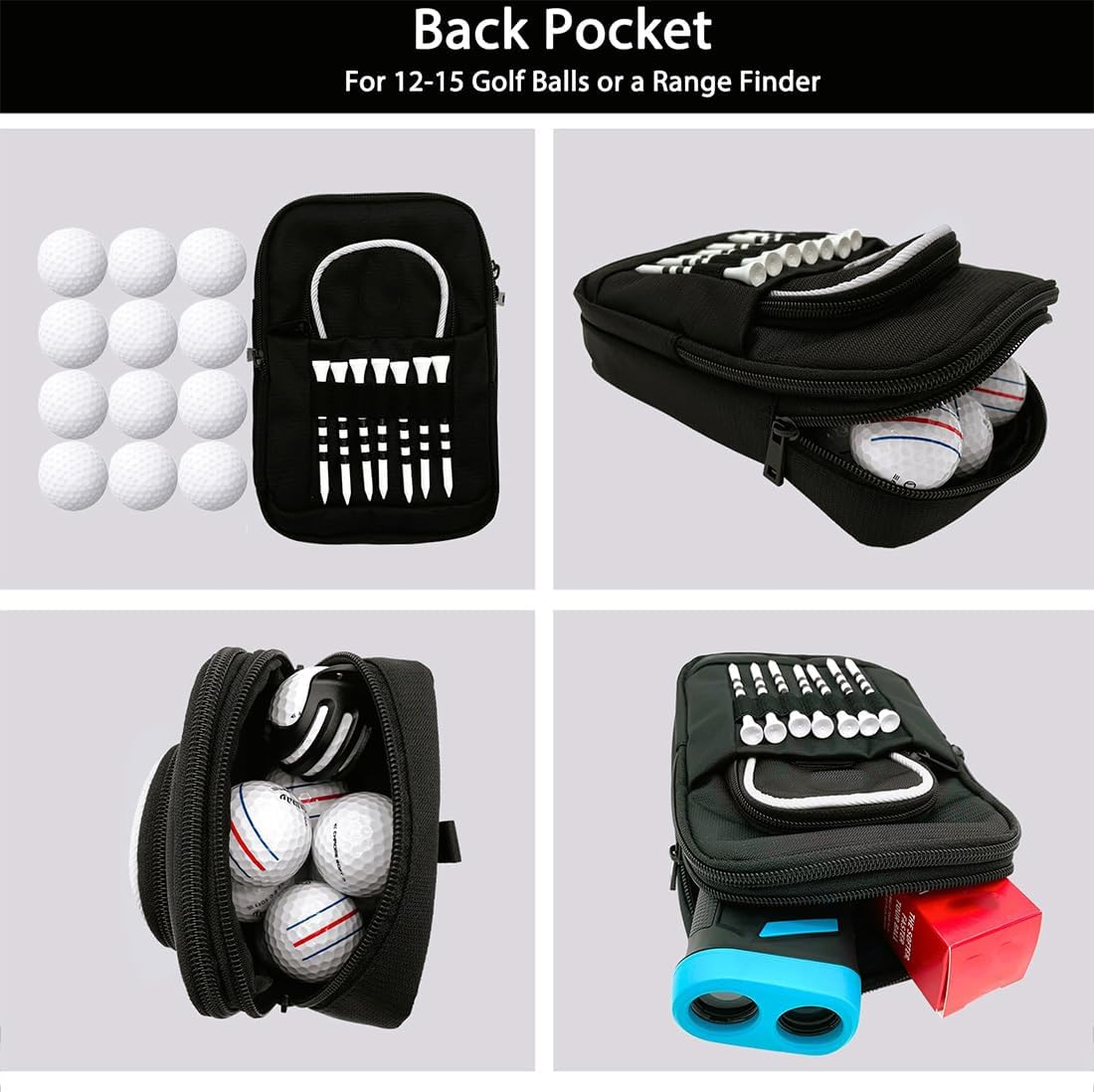 Golf Bag Pouch for Balls and Accessories | 3 Zipper Pockets | Detachable Clip | Store up to 15 Balls | Front Tee Holder Holds 7 Cleats image number 2