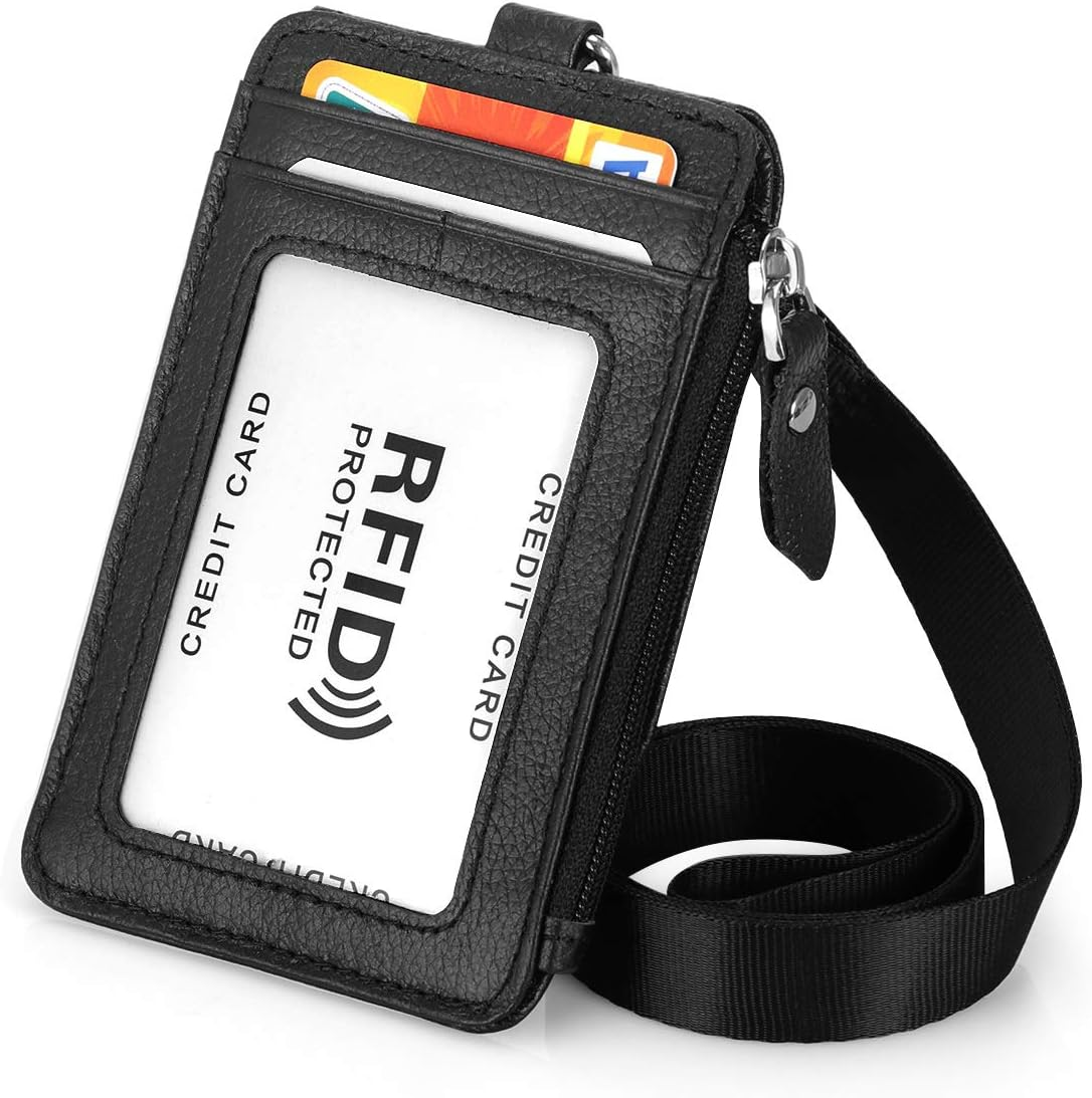 Badge Holder with Zipper Genuine Leather RFID Keychain Wallet Neck Lanyards with Swivel Hook for Card/Coin/Cash, Coffee