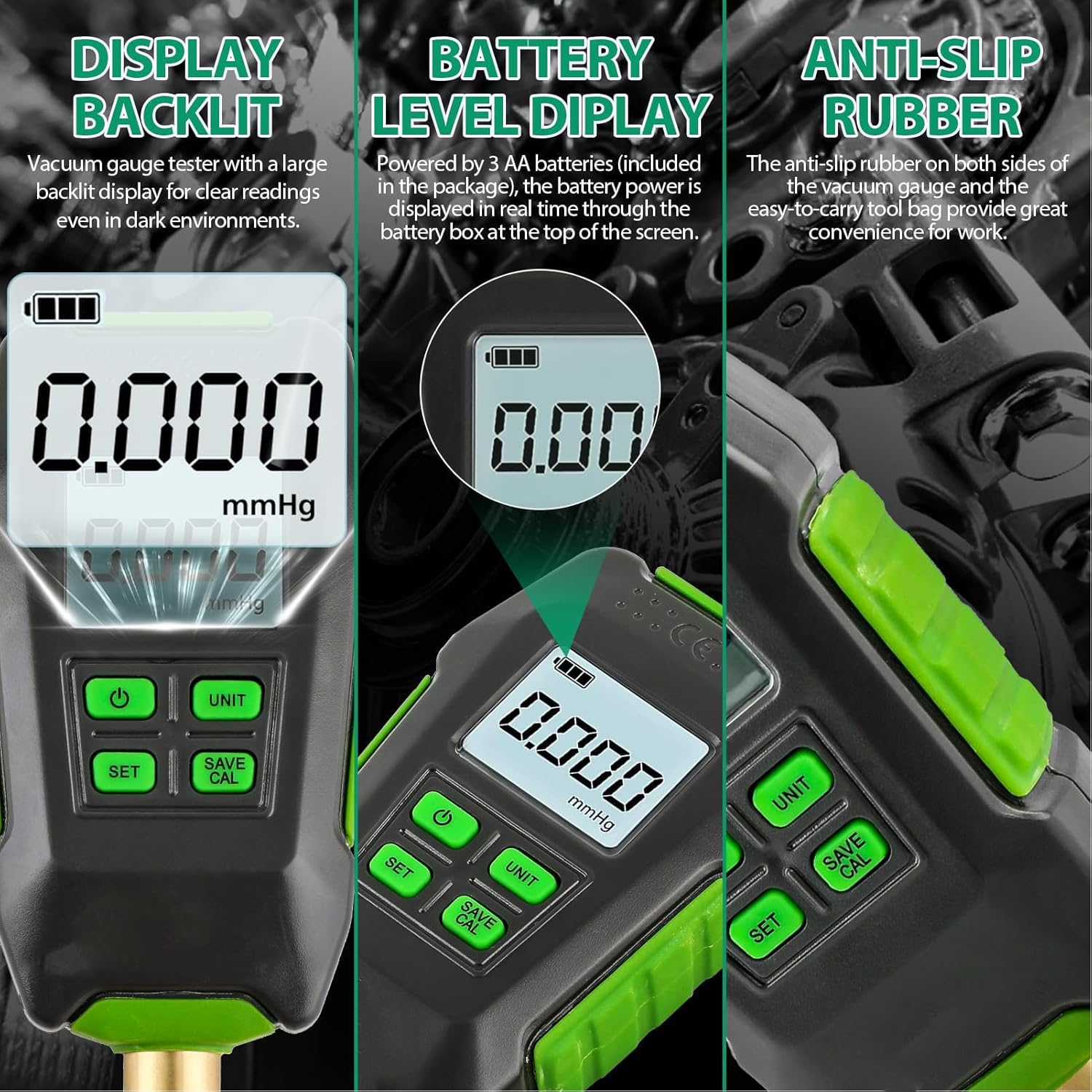 Digital Vacuum Gauge, Large Screen Display, Professional Accuracy, Integrated Extension Connector, 7/16In 20UNF Interface, 4 Vacuum Units, Water Dust Resistant image number 5