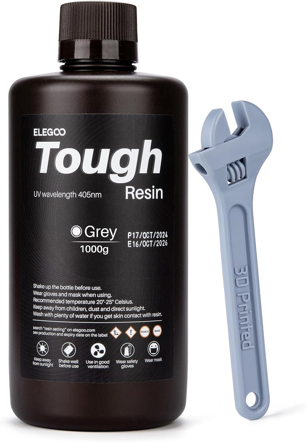 ELEGOO Tough Resin 3D Printer Resin with High Hardness, Low Viscosity, Low Shrinkage, Compatible with MSLA LCD DLP 3D Printers, Grey 1000G